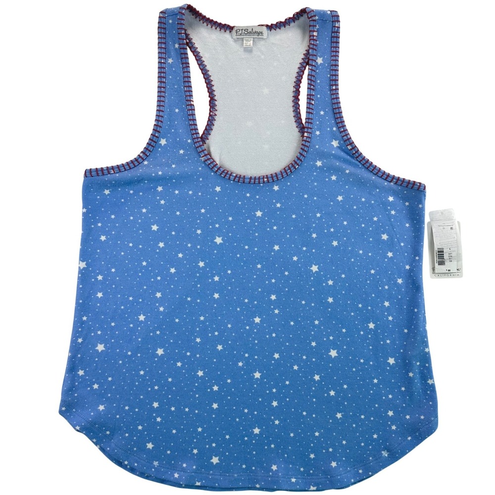 PJ Salvage Womens Large Blue Star Print Racerback Tank Top Red Whipstitch NEW